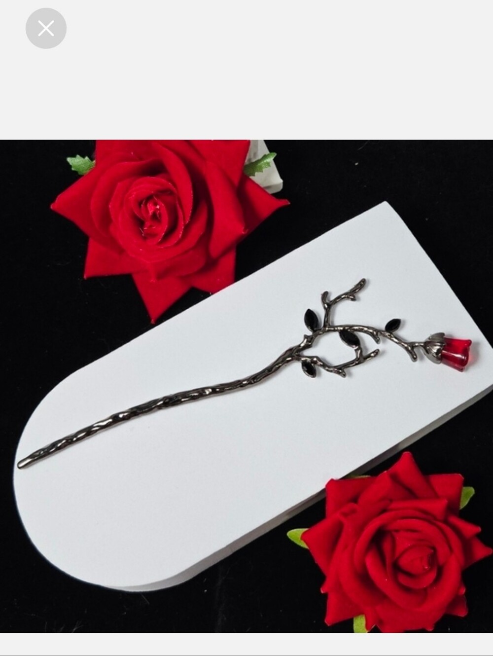 Gothic Rose Gunmetal Hair Pin Black Rhinestone Thorns Dark Romance Long Stick